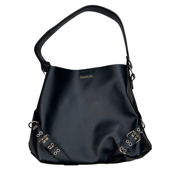 Steve Madden NYC Large Tote Handbag Black Bucket Bag Buckle Gold Streetwear - Picture 1 of 8